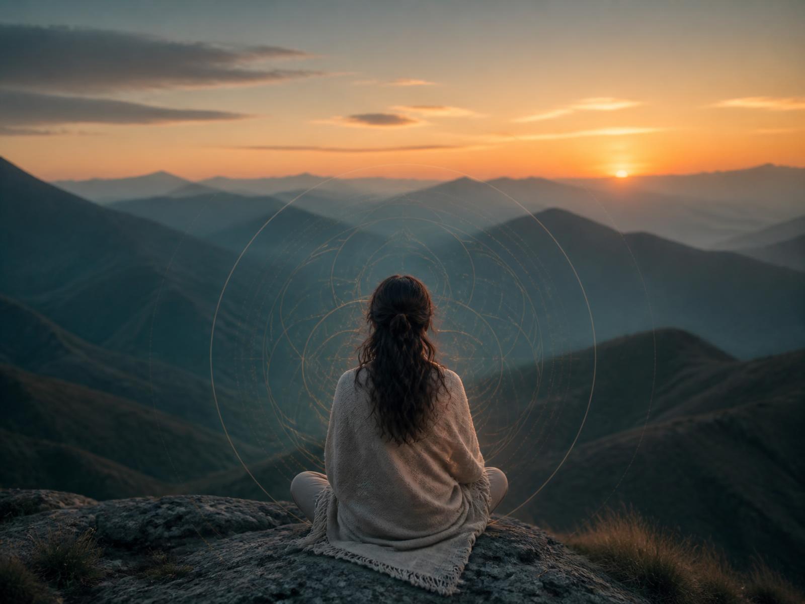 Woman meditating above layered mountains at sunset